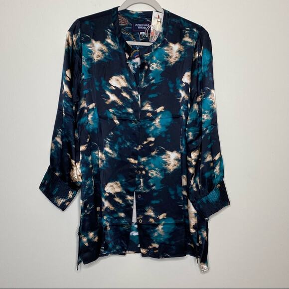 Johnny Was Silk Shirt Button Front Long Sleeve Top Shadow Voyager Tunic Medium - Picture 2 of 8